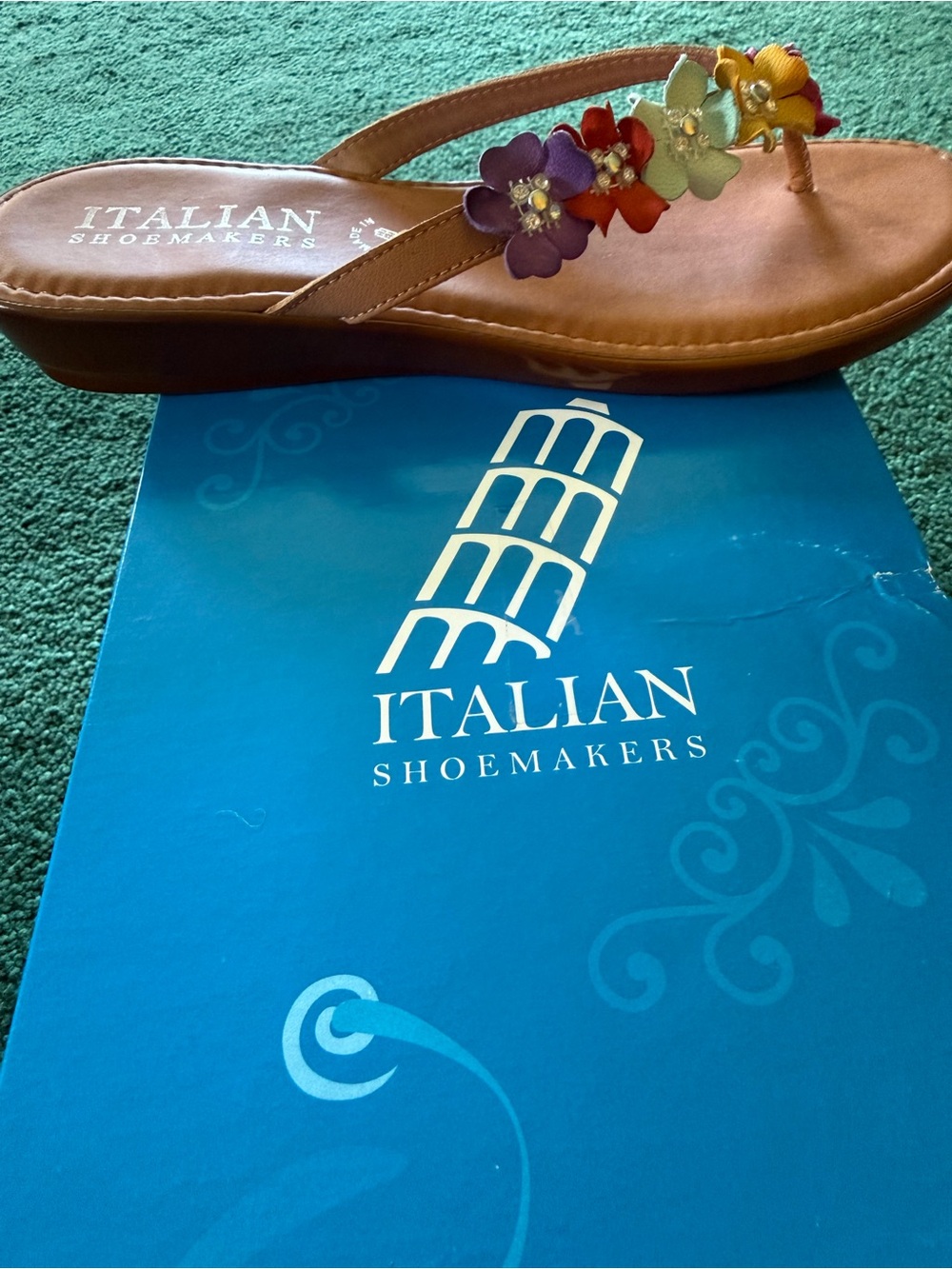 Italian Shoemakers Tan Leather Thong Sandal with Multicolor Floral Accents - Picture 2 of 3